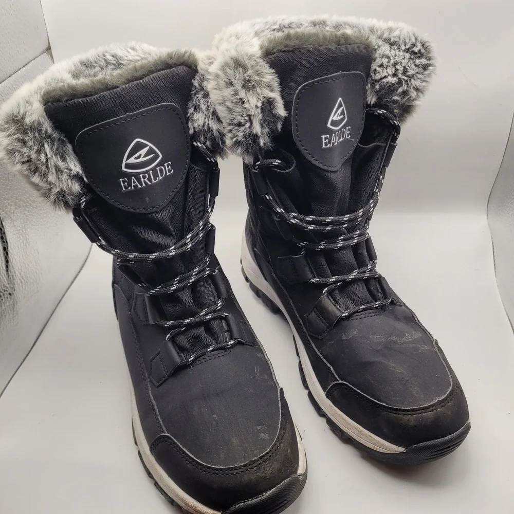 Earlde Mens Black Faux Fur Lined Winter Snow Boots Size 8 Lace Up Quilted Rugged